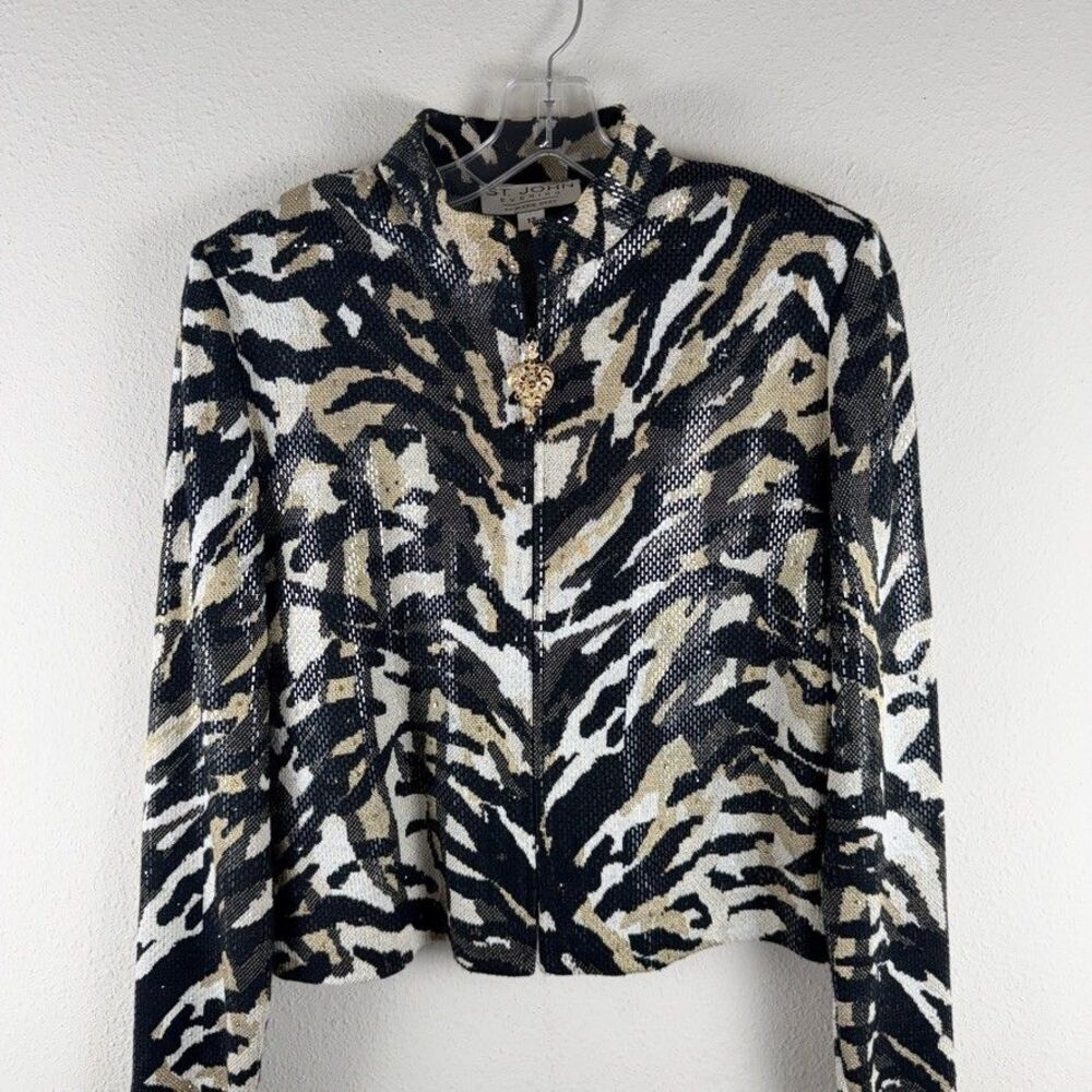 St John Evening Womens 12 Sequin Tiger Face Knit Jacket Blazer Full Zip Back - Picture 2 of 14